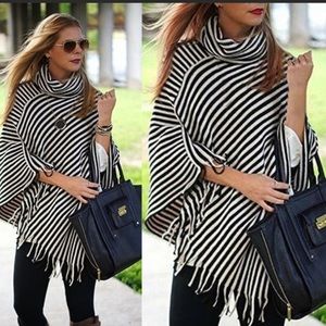 NWOT Black and off white knit poncho cowl neck